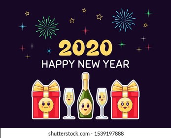 Happy New 2020 Year, Cartoon scene of Festive Greeting. Joyful holiday Composition with Text, Kawaii Champagne bottle, Wineglasses, Gift Boxes, on Dark Background. Banner, Card, Vector illustration