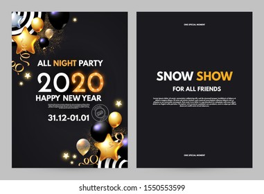 Happy new 2020 year celebration setwith realistic glossy fgold and black foil balloons.