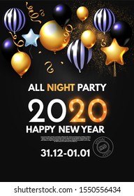 Happy new 2020 year celebration with realistic glossy foil balloons.