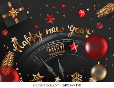 Happy new 2020 year. Christmas box, christmas tree branches, clock and glass baubles