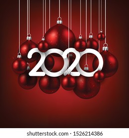 Happy new 2020 year. Christmas holiday illustration of realistic red balls with 2020 numbers. Winter decoration - Vector