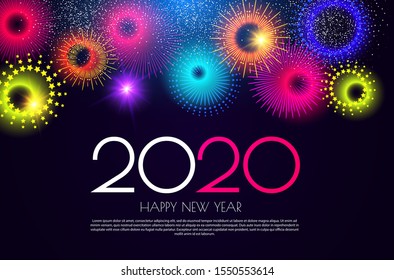 Happy New 2020 Year! Colorful design template with minimalistic fireworks.