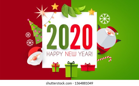 Happy New 2020 Year! Cute Paper Art Design.