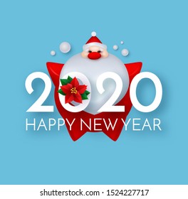Happy New 2020 Year! Cute Christmas design with 3D Santa Claus and poinsettia.