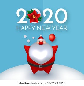 Happy New 2020 Year! Cute Christmas design with 3D Santa Claus, poinsettia and fir trees.