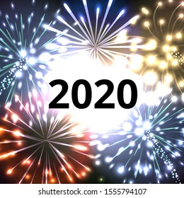 Happy new 2020 year. Dark sky with fireworks. New Year background