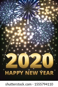 Happy new 2020 year. Dark sky with fireworks. New Year background