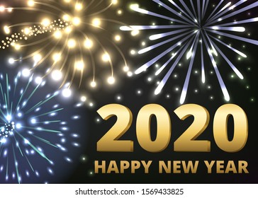 Happy new 2020 year. Dark sky with fireworks. New Year background