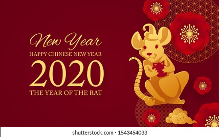 Happy new 2020 year design with rat character, the symbol of the year. Red and gold. Chinese new year.