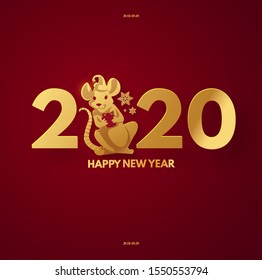Happy new 2020 year design with rat character, the symbol of the year. Red and gold. Chinese new year.