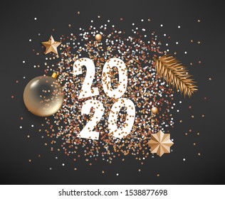 Feliz Año Nuevo 2020. Diferentes elementos dorados sobre fondo negro