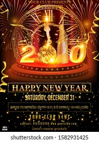 Happy New 2020 Year! Disco ball, 3D text on podium, champagne, fireworks Lights, Christmas ball, Bokeh Effect on red background. Elements are layers separately in vector file. EPS 10