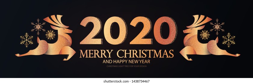 Happy New 2020 Year! Elegant Gold Holiday Label with Jumping Geer, Number and Snowflakes.