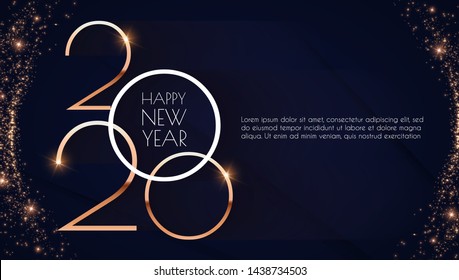Happy new 2020 year! Elegant gold text with light. Minimalistic template.
