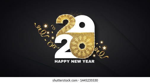 Happy new 2020 year! Elegant text with shimmer of gold and light. Minimalistic template.