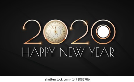 Happy new 2020 year! Elegant text design template with gold metal effect, ralistic clock and light. Minimal design.