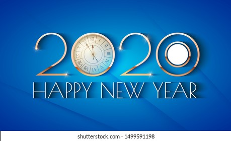 Happy new 2020 year! Elegant text design template with gold metal effect, ralistic clock and light. Minimal design.
