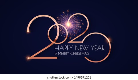 Happy new 2020 year! Elegant gold text with light. Minimalistic template.