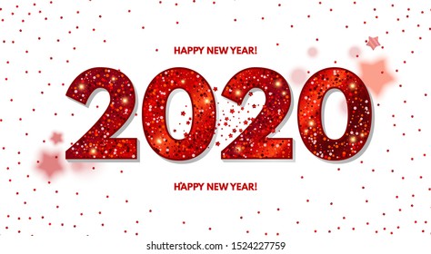 Happy New 2020 Year! Elegant Design with red shining year number on white background and stars