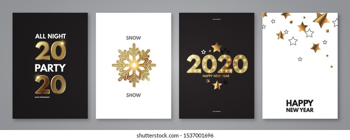 Feliz Ano Novo 2020! Modelo de pôster elegante com número de ano brilhante dourado, confete e flocos de neve.