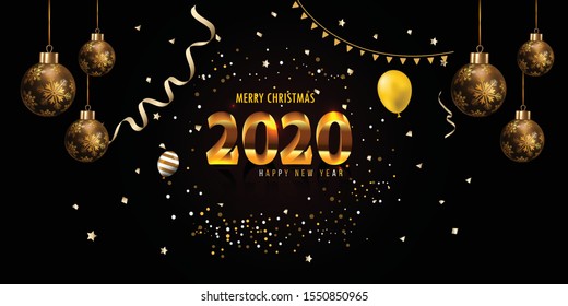 Happy new 2020 year! Elegant gold text with light. template vector illustration 