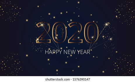 Happy new 2020 year : Elegant gold text with light. Minimalist background design template : line design firework champagne gold shining.