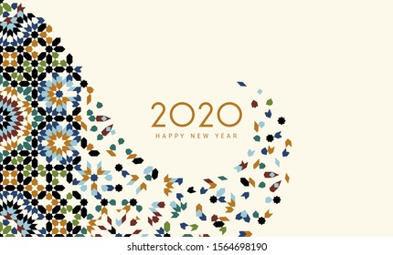 Happy new 2020 year! Ethnic template with Morocco pattern for your seasonal holidays flyers, greetings and invitations, christmas themed congratulations and cards. Vector illustration.