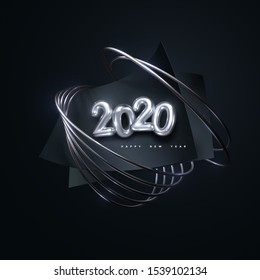 Happy New 2020 Year. Festive party sign. Vector holiday illustration. Silver 3d numbers 2020. Black paper sheets with silver ring. Holiday banner design. Cover or poster template