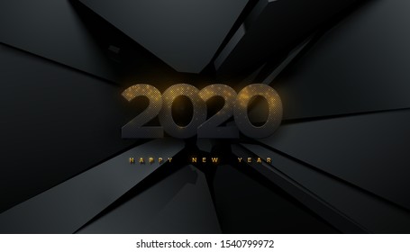 Happy New 2020 Year. Festive party sign. Vector holiday illustration. Glittering paper numbers 2020 on black fractured background. Holiday banner design. Cover, poster or congratulation card template