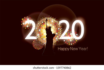 Happy New 2020 Year fireworks typography concept design. New York. Fireworks splashes, Liberty statue silhouette. 2020 and Happy New Year text. Editable EPS vector