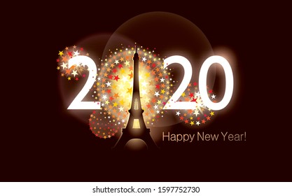 Happy New 2020 Year fireworks typography concept design. Paris. Fireworks splashes, Eiffel tower silhouette. 2020 and Happy New Year text. Editable EPS vector