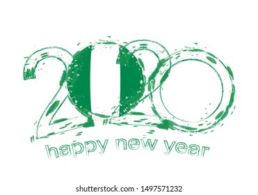 Happy New 2020 Year with flag of Nigeria. Holiday grunge vector illustration.