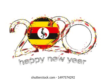 Happy New 2020 Year with flag of Uganda. Holiday grunge vector illustration.