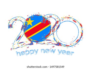 Happy New 2020 Year with flag of DR Congo. Holiday grunge vector illustration.