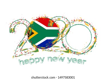 Happy New 2020 Year with flag of South Africa. Holiday grunge vector illustration.