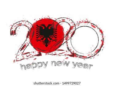 Happy New 2020 Year with flag of Albania. Holiday grunge vector illustration.