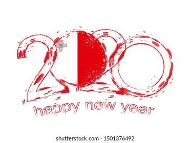 Happy New 2020 Year with flag of Malta. Holiday grunge vector illustration.