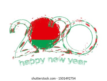 Happy New 2020 Year with flag of Belarus. Holiday grunge vector illustration.