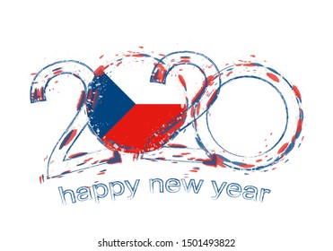 Happy New 2020 Year with flag of Czech Republic. Holiday grunge vector illustration.