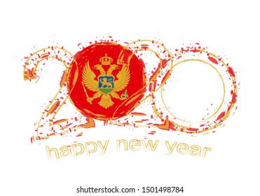 Happy New 2020 Year with flag of Montenegro. Holiday grunge vector illustration.