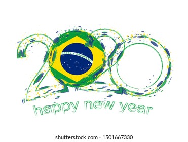 Happy New 2020 Year with flag of Brazil. Holiday grunge vector illustration.