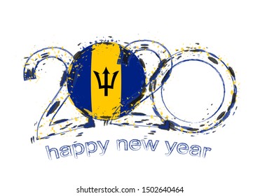 Happy New 2020 Year with flag of Barbados. Holiday grunge vector illustration.