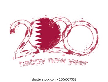 Happy New 2020 Year with flag of Qatar. Holiday grunge vector illustration.