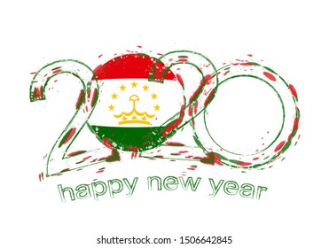 Happy New 2020 Year with flag of Tajikistan. Holiday grunge vector illustration.