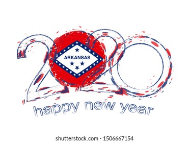 Happy New 2020 Year with flag of Arkansas. Holiday grunge vector illustration.