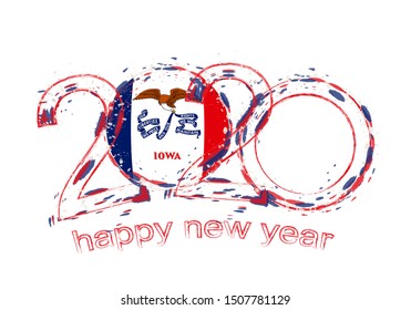 Happy New 2020 Year with flag of Iowa. Holiday grunge vector illustration.