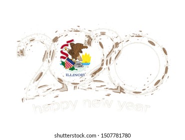 Happy New 2020 Year with flag of Illinois. Holiday grunge vector illustration.