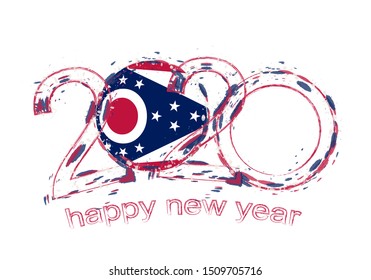Happy New 2020 Year with flag of Ohio. Holiday grunge vector illustration.