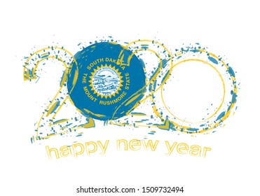 Happy New 2020 Year with flag of South Dakota. Holiday grunge vector illustration.
