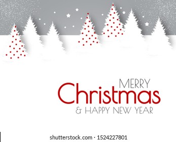 Happy new 2020 year flyer design template. Elegant white card with Christmas trees. Coniferous forest.